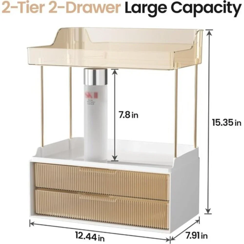 New 2-Tier Bathroom Organizer with Drawers, Amber Countertop Storage for Vanity